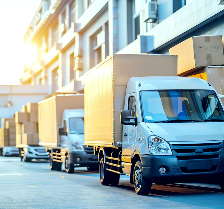 Cảnh Sunlit Warehouse có một loạt xe tải giao hàng, sẵn sàng vận chuyển nhiều công cụ điện bao gồm búa phá hủy, búa quay và búa Jack.